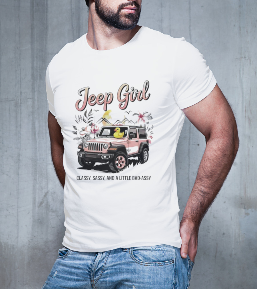 Jeep Girl Classy Sassy And Little Bad-Assy Pink Jeep Rubber Duck Floral Bunnies T-Shirt