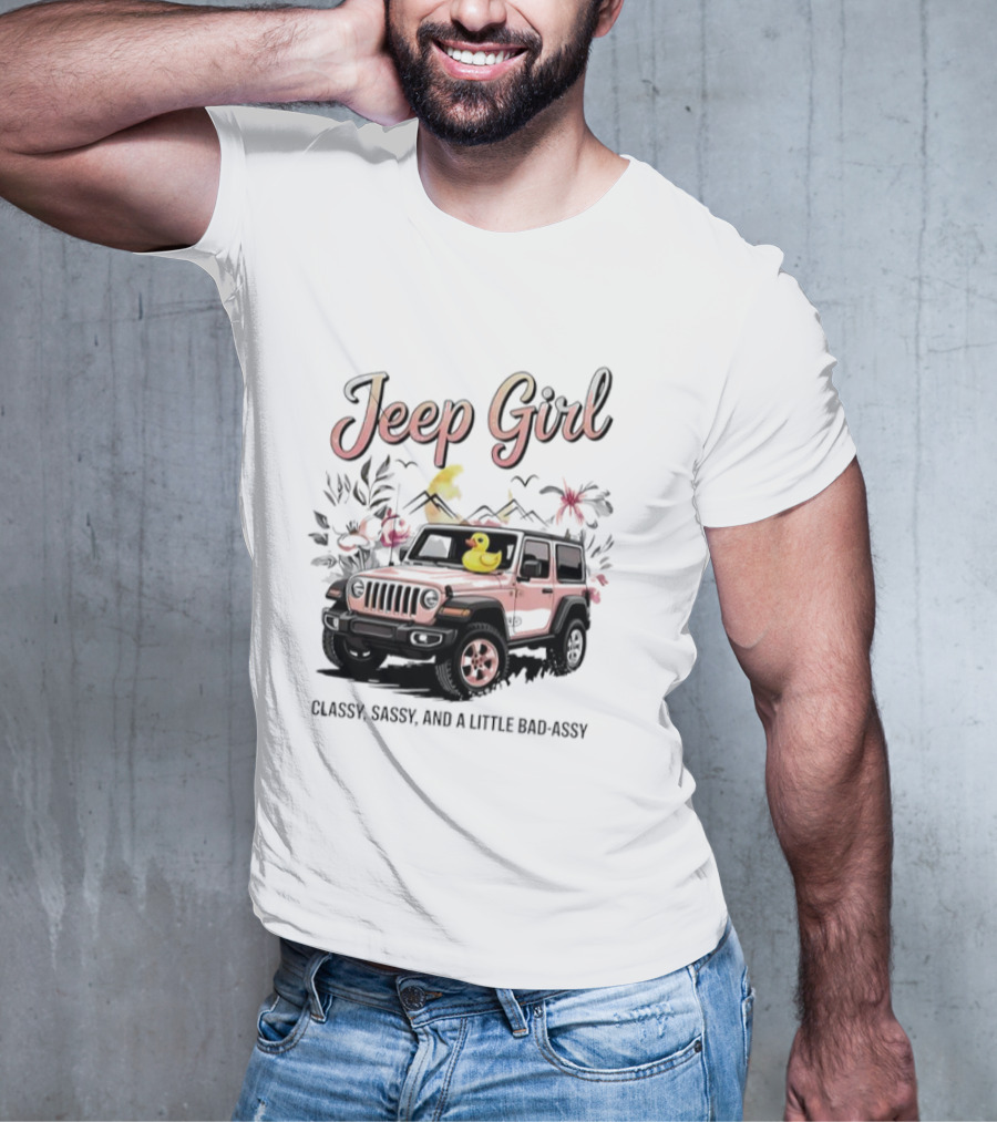 Jeep Girl Classy Sassy And Little Bad-Assy Pink Jeep Rubber Duck Floral Bunnies T-Shirt