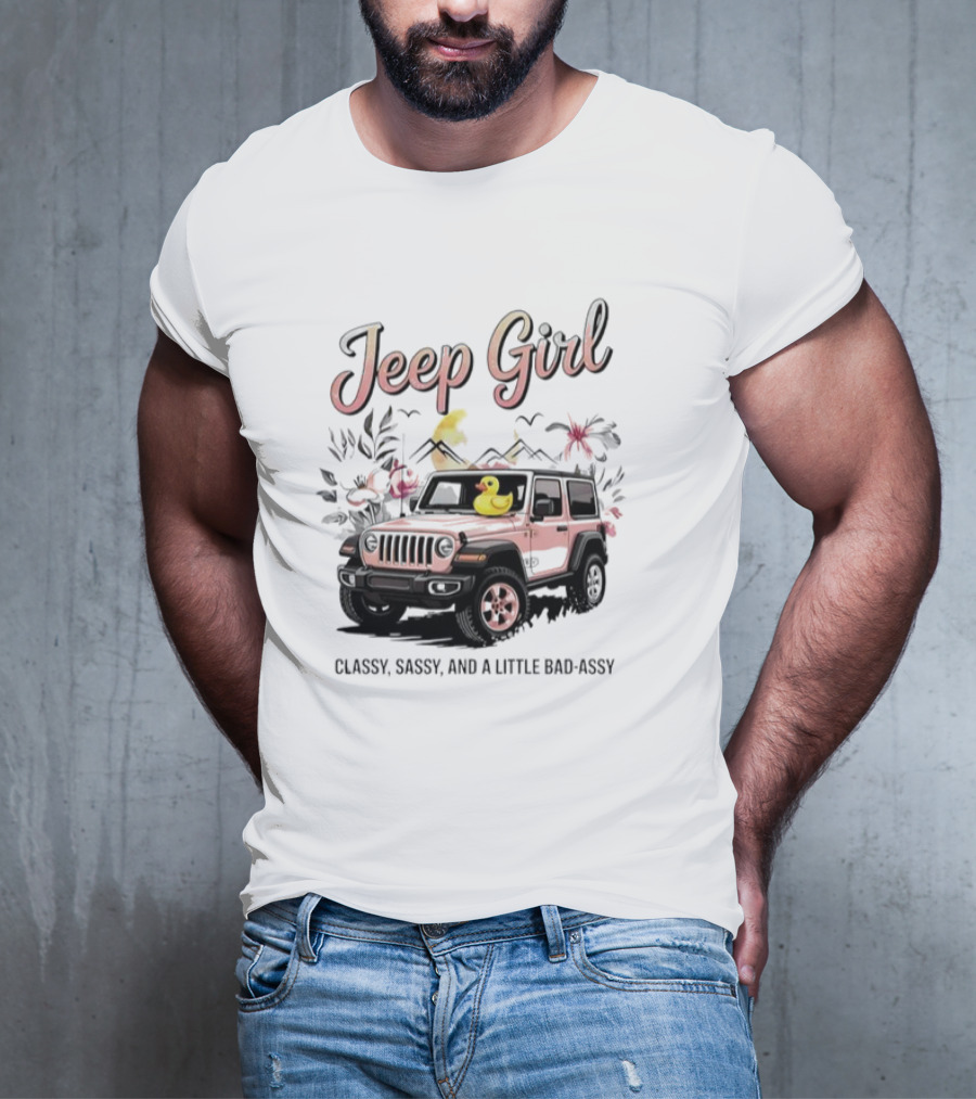 Jeep Girl Classy Sassy And Little Bad-Assy Pink Jeep Rubber Duck Floral Bunnies T-Shirt