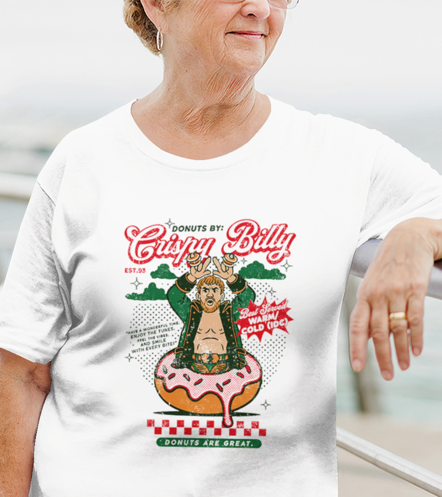 Donuts By Crispy Billy Est. 93 Warm And Delicious Retro Cartoon Wrestler T-Shirt