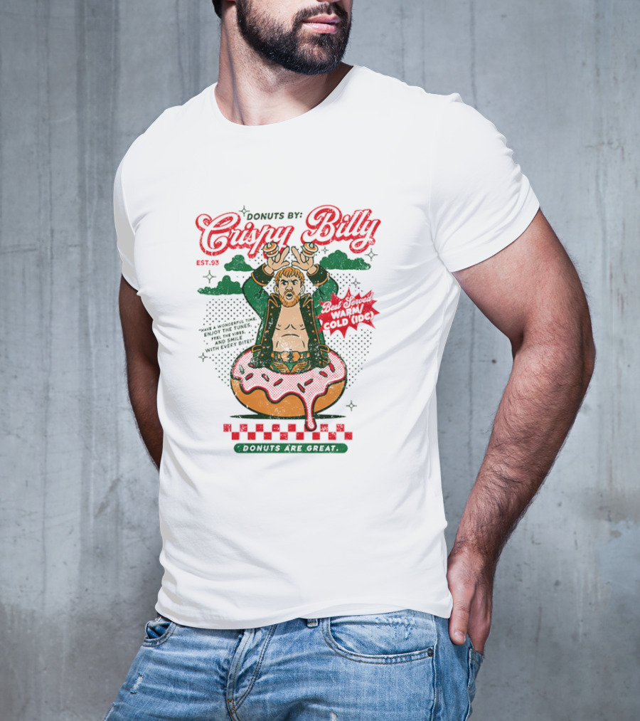 Donuts By Crispy Billy Est. 93 Warm And Delicious Retro Cartoon Wrestler T-Shirt