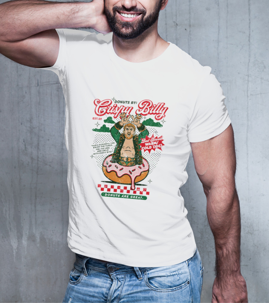 Donuts By Crispy Billy Est. 93 Warm And Delicious Retro Cartoon Wrestler T-Shirt