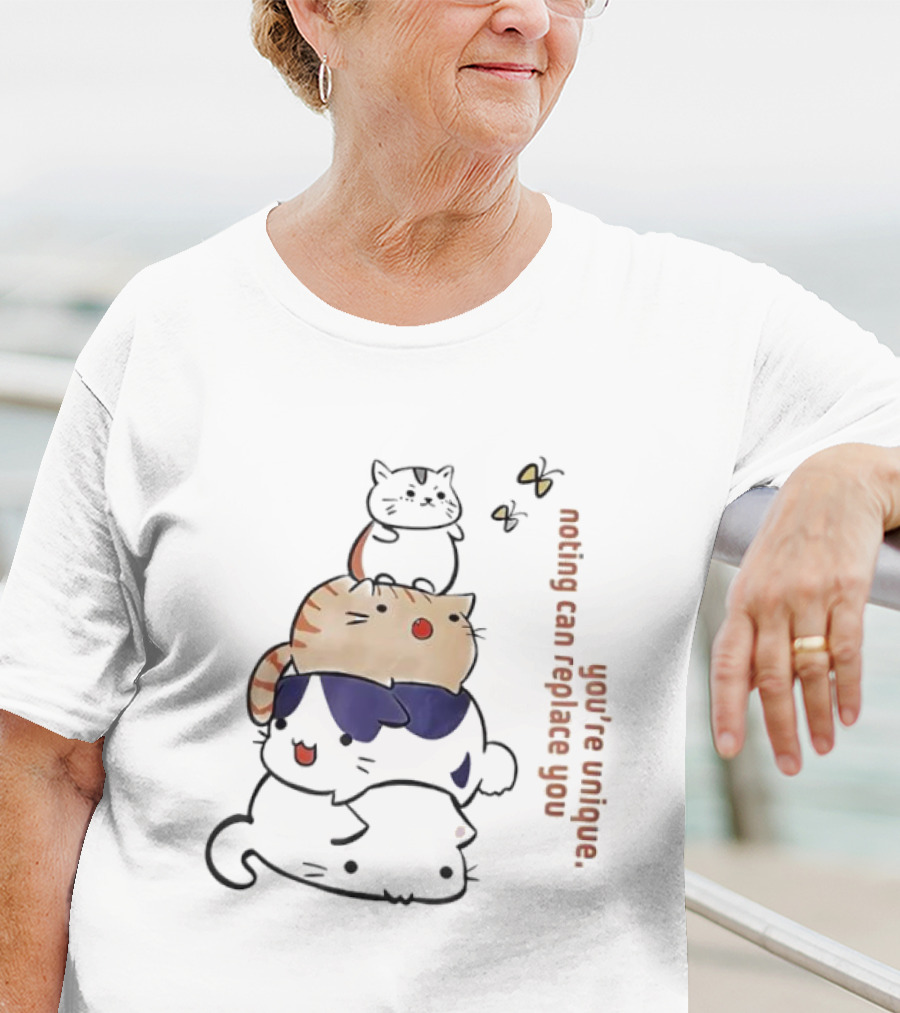 You’re Unique Nothing Can Replace You Kawaii Cat Stack Illustration T-Shirt