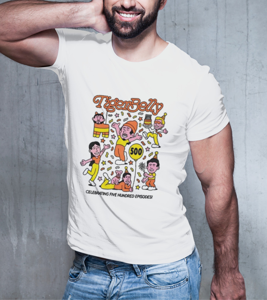 Tigerbelly 500 Episode Celebration Festive Characters And Balloon T-Shirt