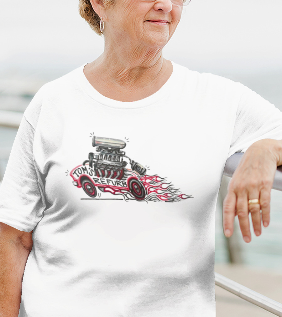 Tom’s Refurb Hot Rod Car Illustration Flames And Engine Art T-Shirt