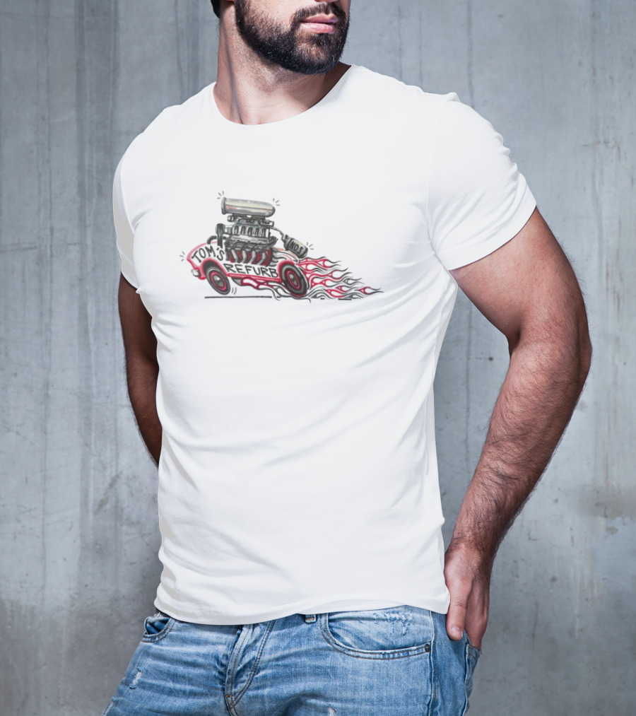 Tom’s Refurb Hot Rod Car Illustration Flames And Engine Art T-Shirt