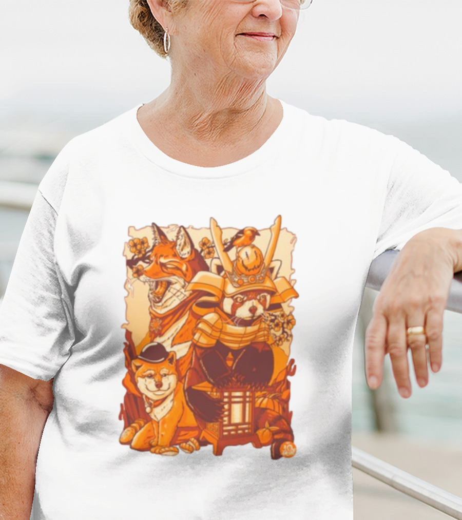 Tenhun Orange Fuzz Fox And Samurai Red Panda With Lantern T-Shirt