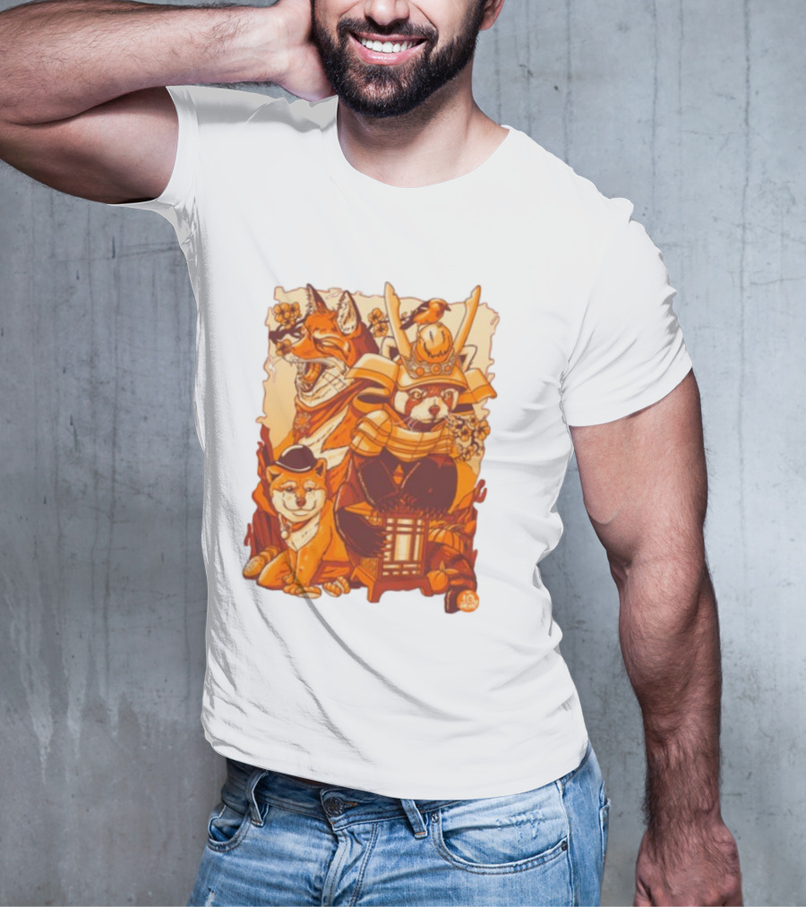 Tenhun Orange Fuzz Fox And Samurai Red Panda With Lantern T-Shirt