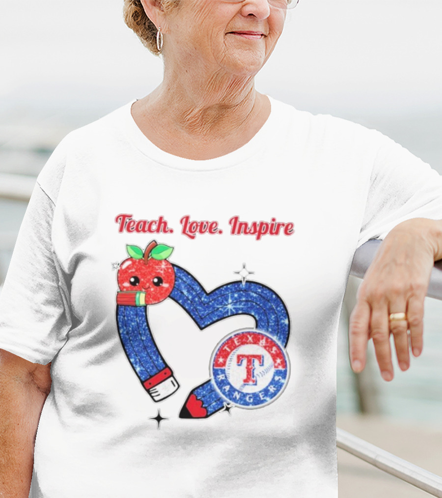 Texas Rangers Sparkling Heart Apple Pencil Teach Love Inspire T-Shirt
