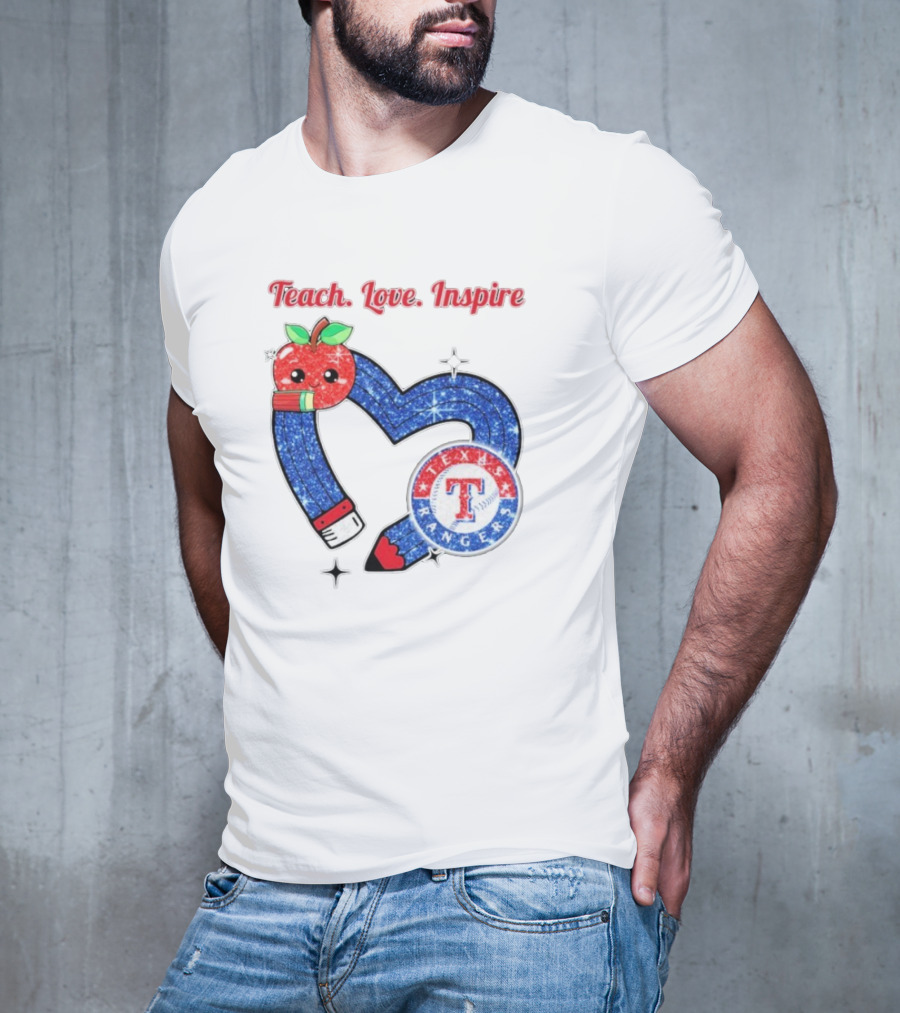 Texas Rangers Sparkling Heart Apple Pencil Teach Love Inspire T-Shirt