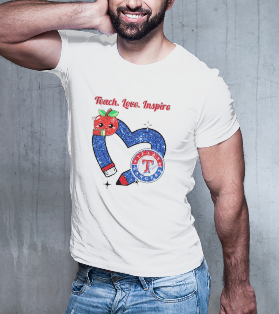 Texas Rangers Sparkling Heart Apple Pencil Teach Love Inspire T-Shirt