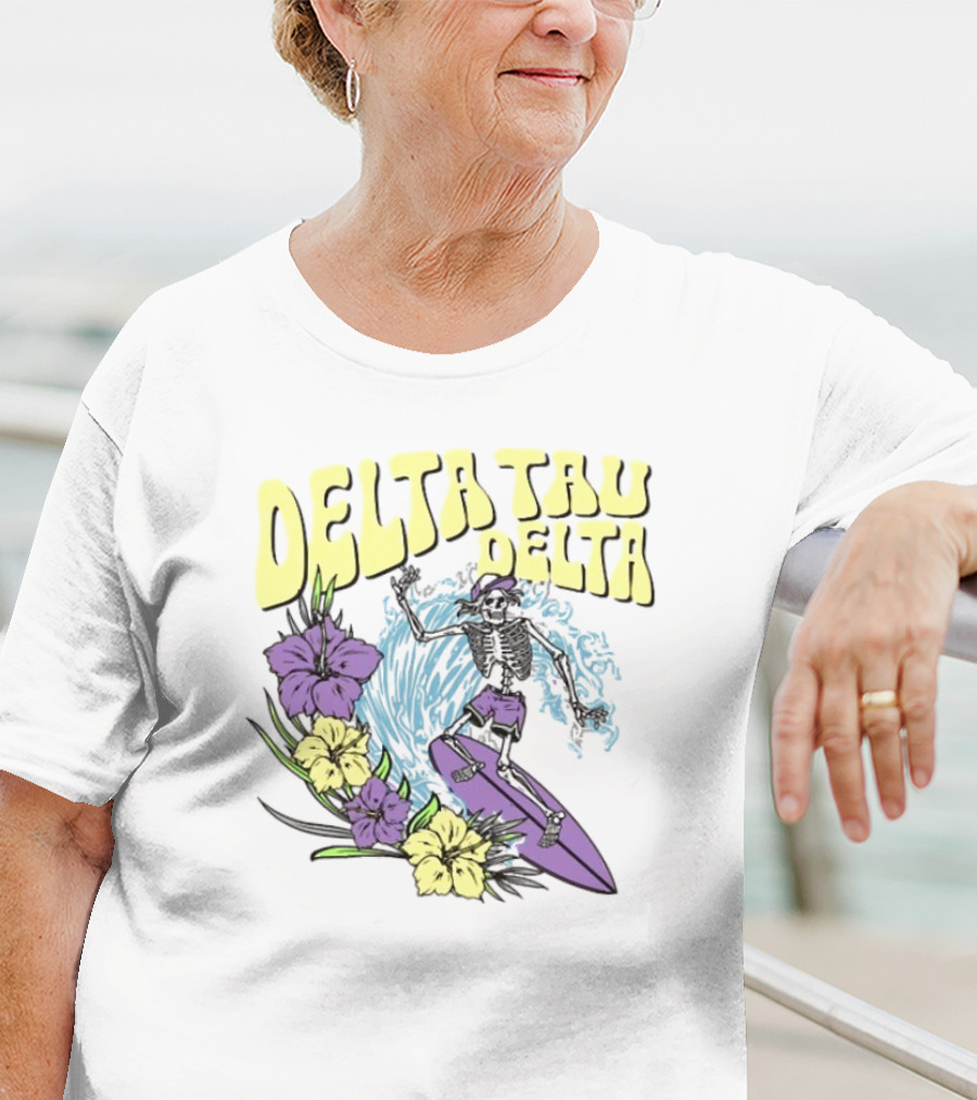 Delta Tau Delta Ride The Wave Skeleton Surfing With Floral Accents T-Shirt