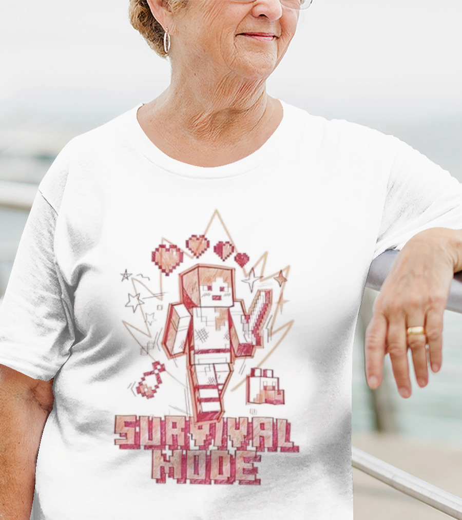 Survival Mode Game Pixel Art Character With Hearts And Tools T-Shirt