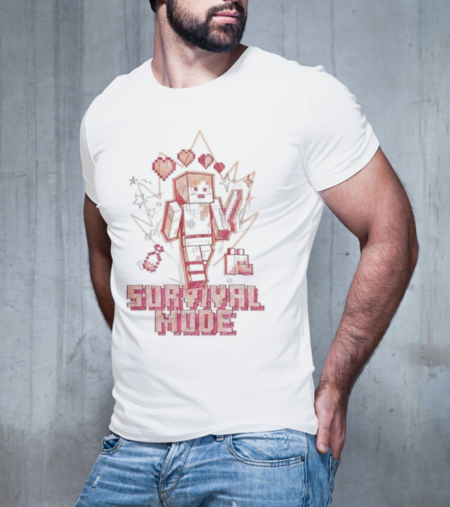 Survival Mode Game Pixel Art Character With Hearts And Tools T-Shirt
