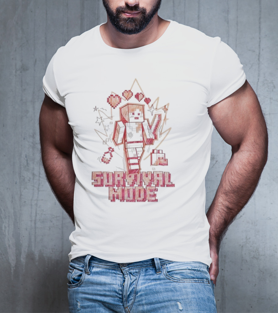 Survival Mode Game Pixel Art Character With Hearts And Tools T-Shirt
