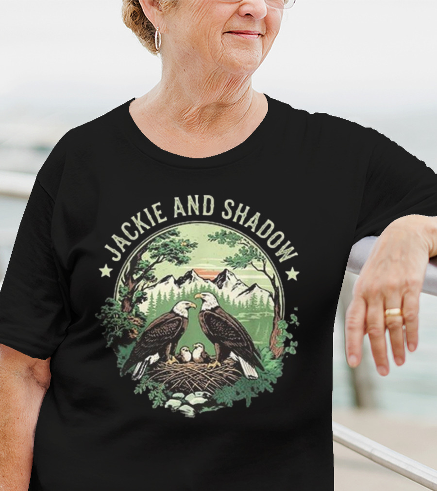 Jackie And Shadow Bald Eagle Family Nesting Scene With Mountain And Forest Background T-Shirt