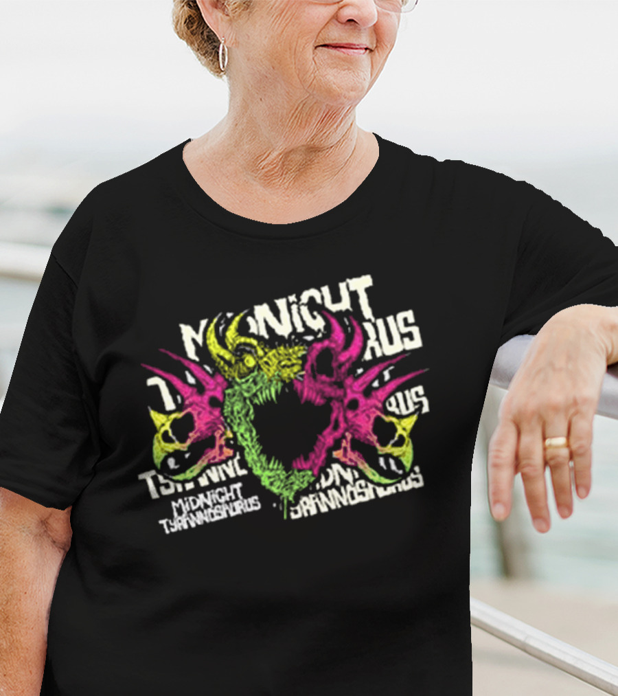 KT8 Midnight Tyrannosaurus Neon Pink Green Skull Illustration T-Shirt
