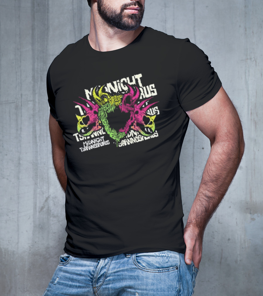 KT8 Midnight Tyrannosaurus Neon Pink Green Skull Illustration T-Shirt