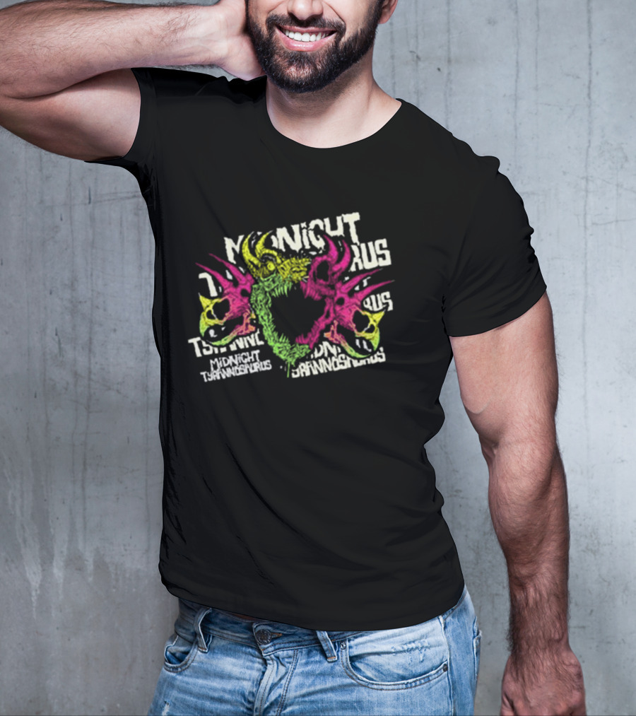 KT8 Midnight Tyrannosaurus Neon Pink Green Skull Illustration T-Shirt