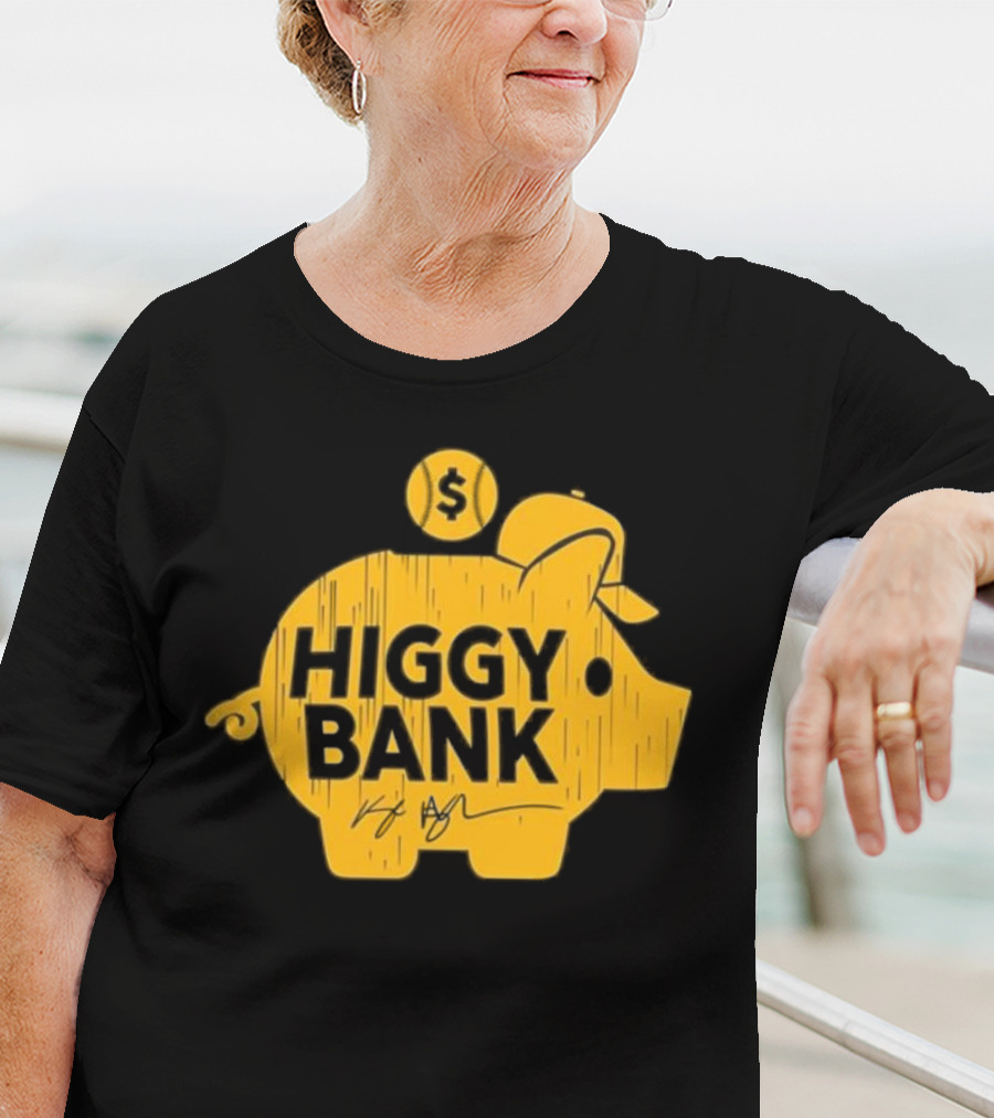 Higgy Bank Piggy Bank Graphic Baseball Theme With Signature And Dollar Sign T-Shirt