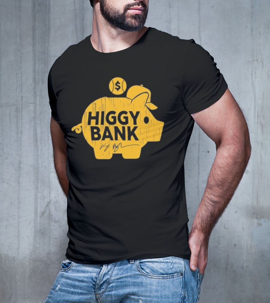 Higgy Bank Piggy Bank Graphic Baseball Theme With Signature And Dollar Sign T-Shirt