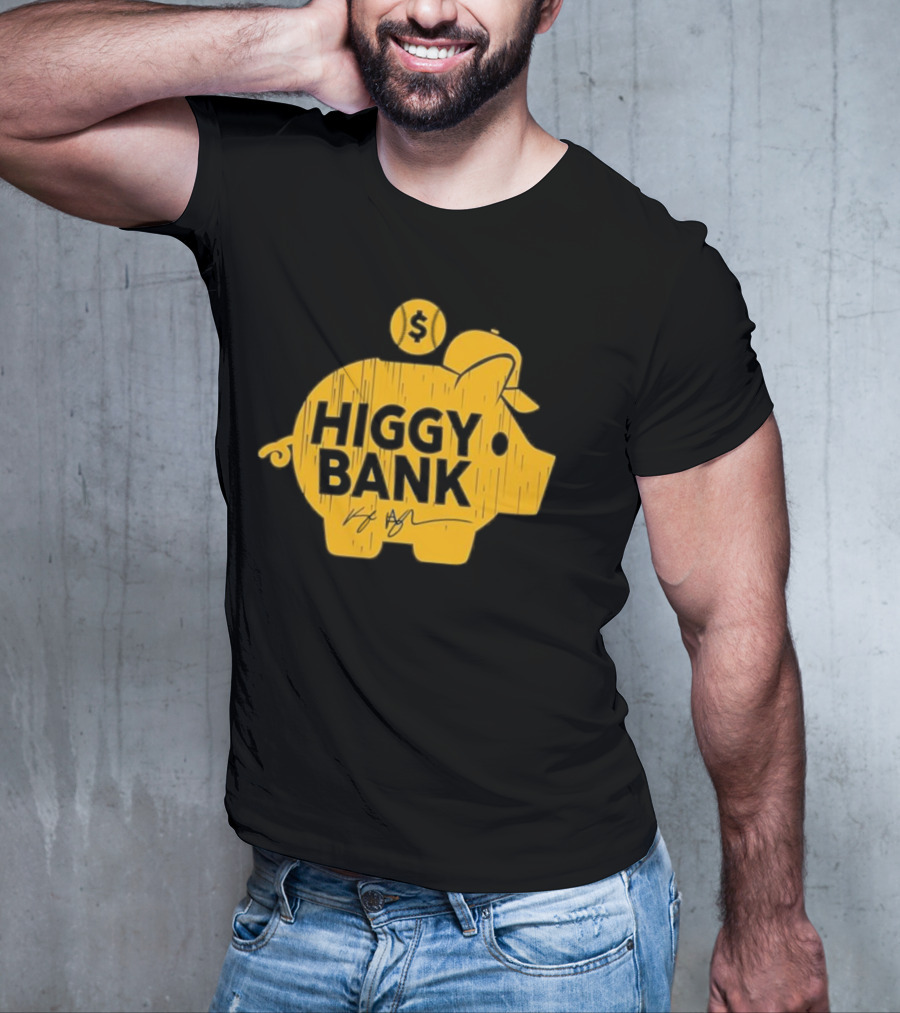 Higgy Bank Piggy Bank Graphic Baseball Theme With Signature And Dollar Sign T-Shirt