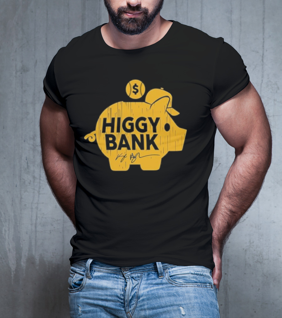 Higgy Bank Piggy Bank Graphic Baseball Theme With Signature And Dollar Sign T-Shirt