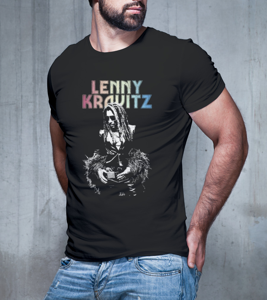Lenny Kravitz Monochrome Portrait With Rainbow Letters T-Shirt