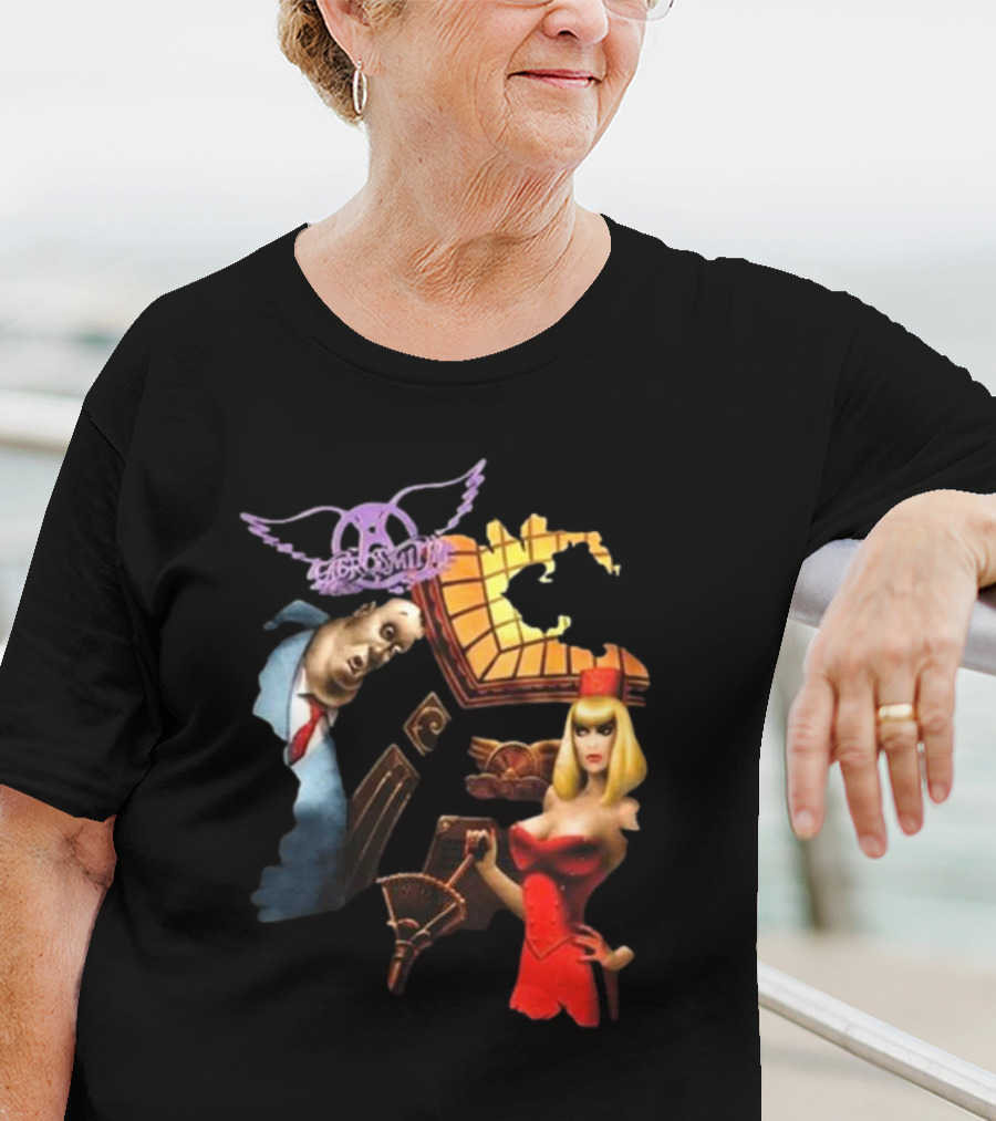 Aerosmith Love In An Elevator Cartoon Artwork With Woman In Red Dress And Man In Suit T-Shirt