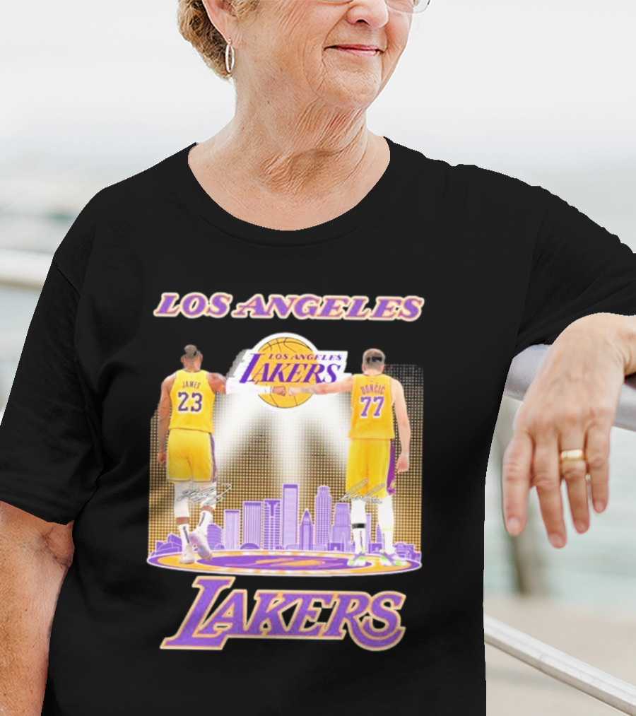 Los Angeles Lakers Luka Doncic Lebron James 23 77 City Skyline T-Shirt