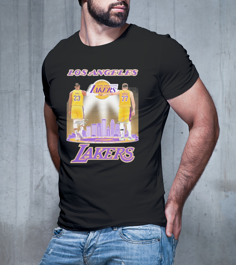 Los Angeles Lakers Luka Doncic Lebron James 23 77 City Skyline T-Shirt