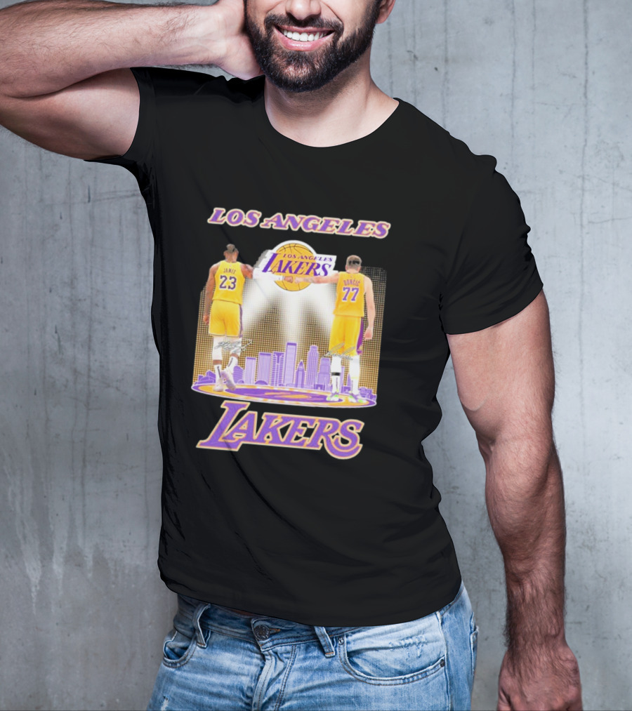 Los Angeles Lakers Luka Doncic Lebron James 23 77 City Skyline T-Shirt