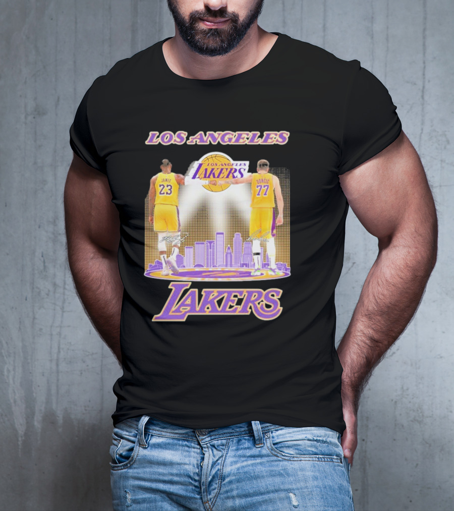 Los Angeles Lakers Luka Doncic Lebron James 23 77 City Skyline T-Shirt