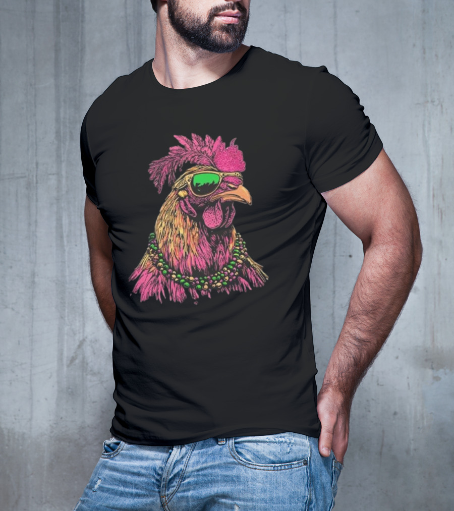 Mardi Gras Chicken Beads And Sunglasses Vibrant Rooster T-Shirt