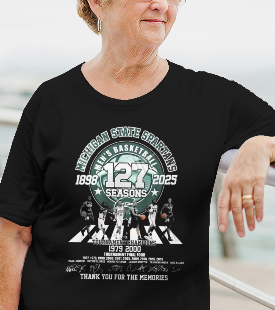 Michigan State Spartans Men's Basketball 127 Seasons 1898-2025 Thank You For The Memories 1979 2000 Signatures T-Shirt