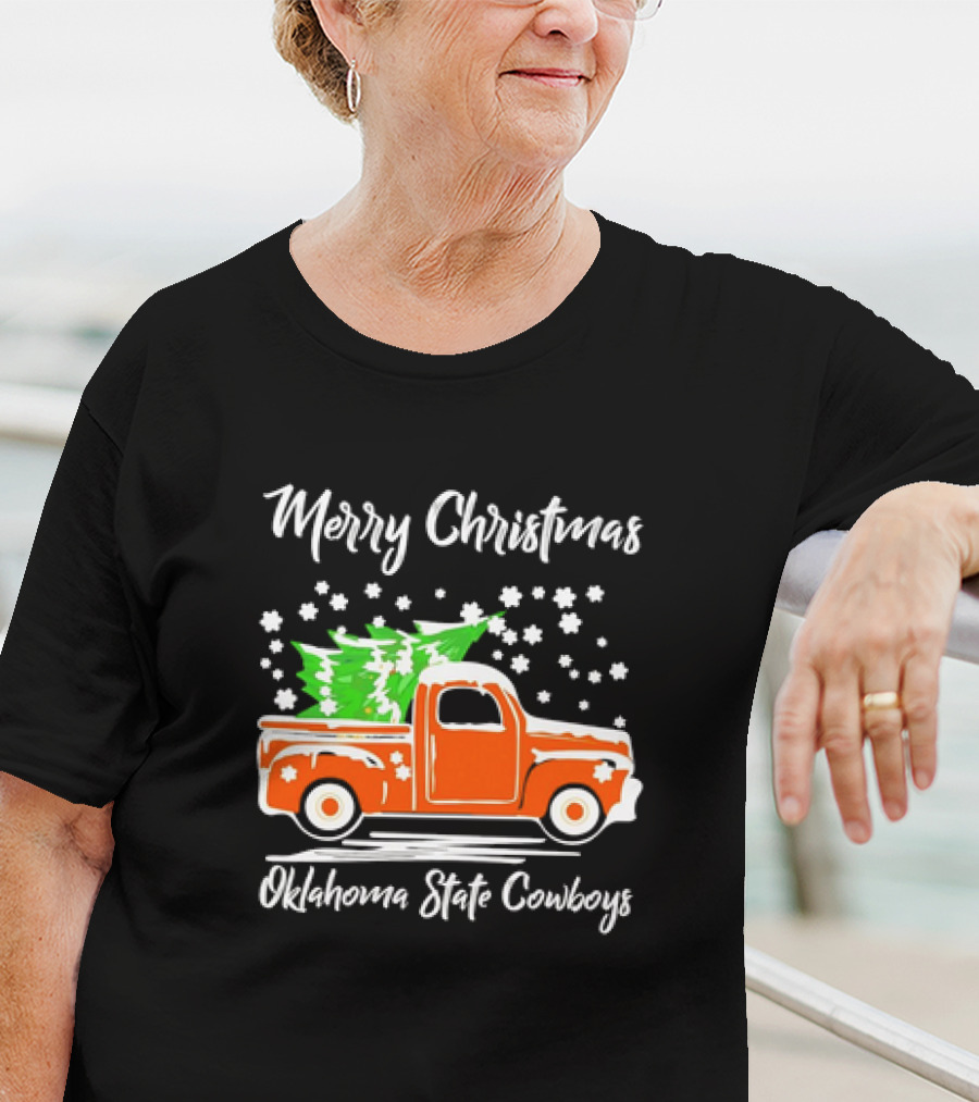 Merry Christmas Oklahoma State Cowboys Orange Truck Snowflakes Green Trees T-Shirt