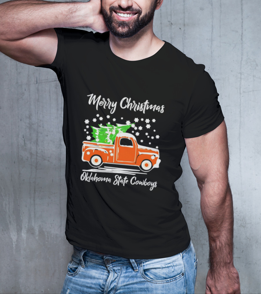 Merry Christmas Oklahoma State Cowboys Orange Truck Snowflakes Green Trees T-Shirt