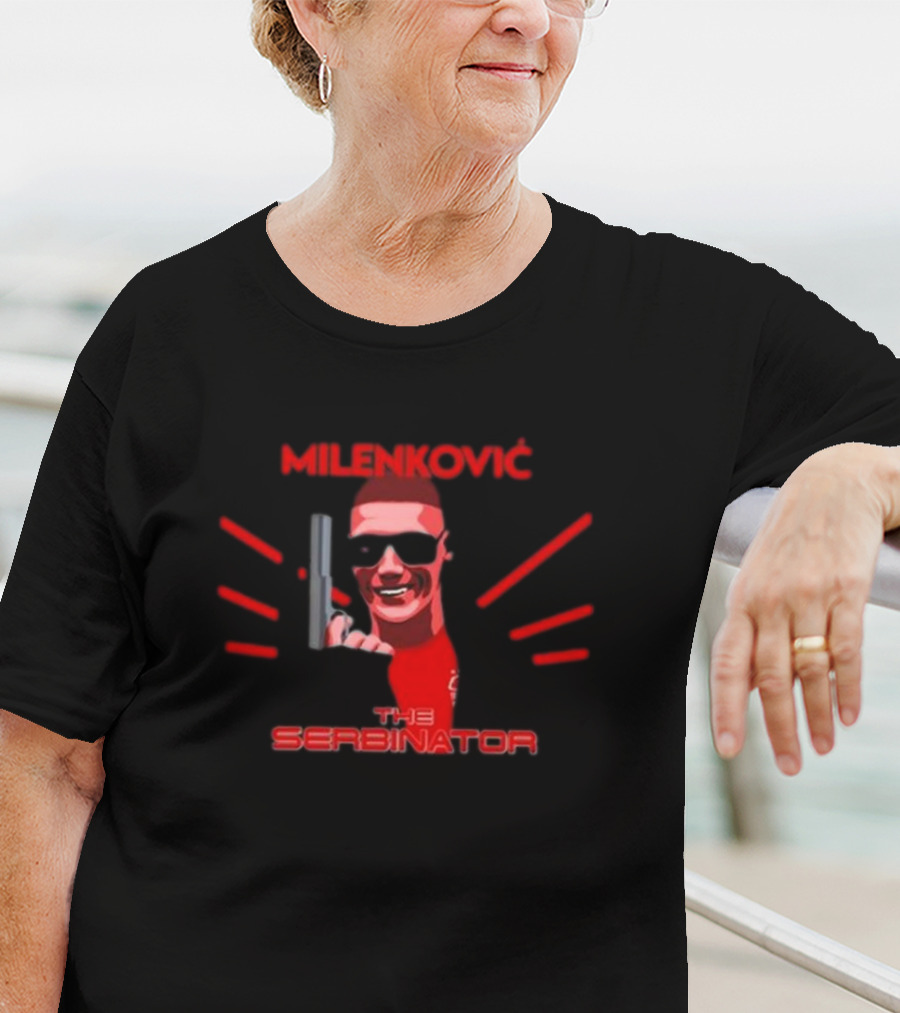 Milenkovic The Serbinator Sunglasses Gun Pose T-Shirt