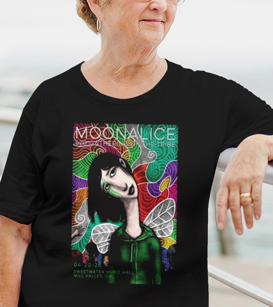 MOONALICE 420 Gathering Of The Tribe 04-20-2025 Sweetwater Music Hall Mill Valley CA Colorful Psychedelic Art With Winged Character T-Shirt