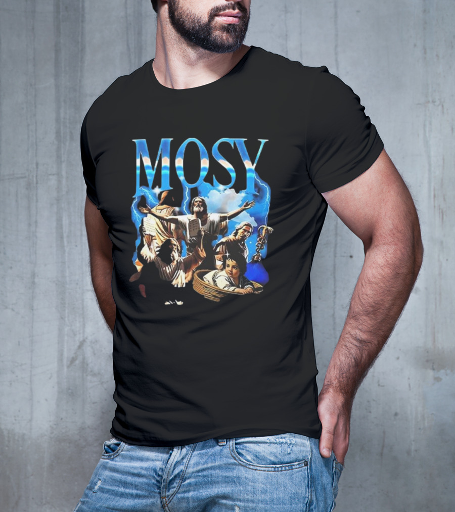Mosy Moses Biblical Imagery With Lightning Clouds And Figures T-Shirt