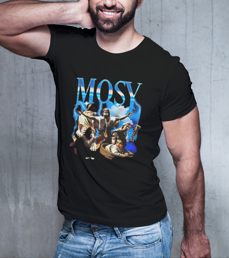 Mosy Moses Biblical Imagery With Lightning Clouds And Figures T-Shirt