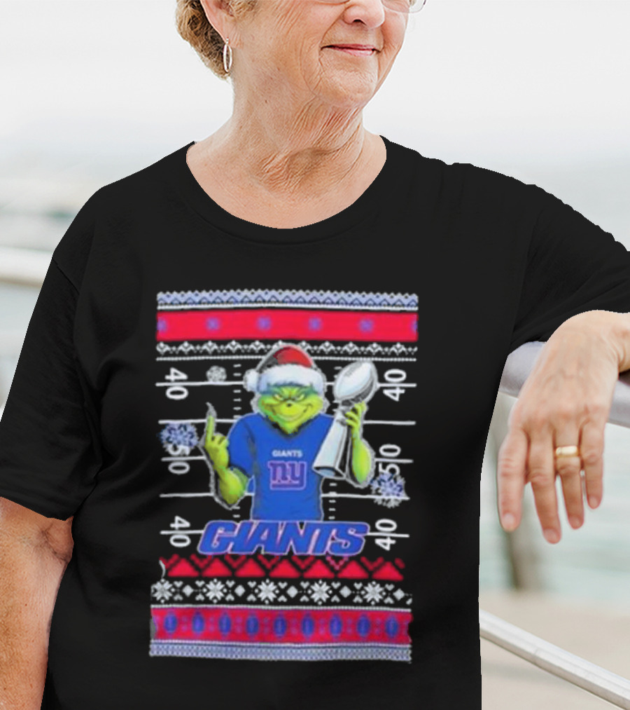 New York Giants Grinch Christmas With Lombardi Trophy Ugly Sweater T-Shirt