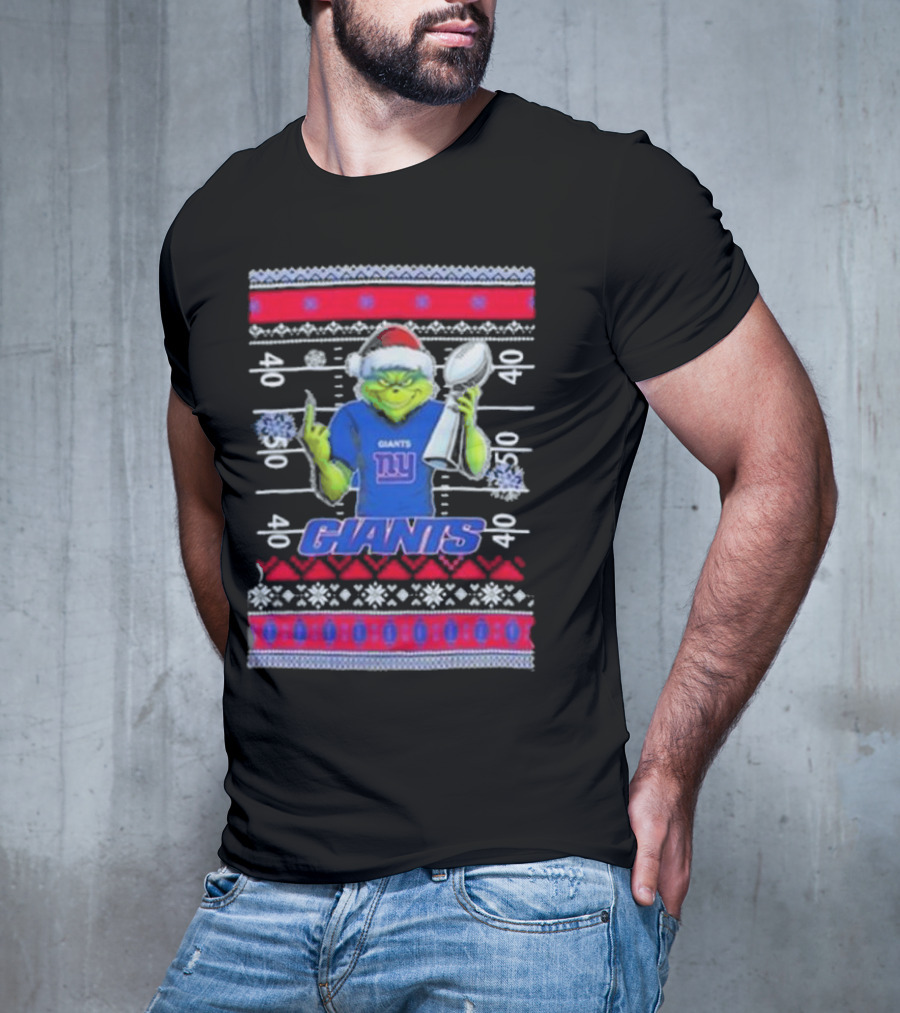 New York Giants Grinch Christmas With Lombardi Trophy Ugly Sweater T-Shirt