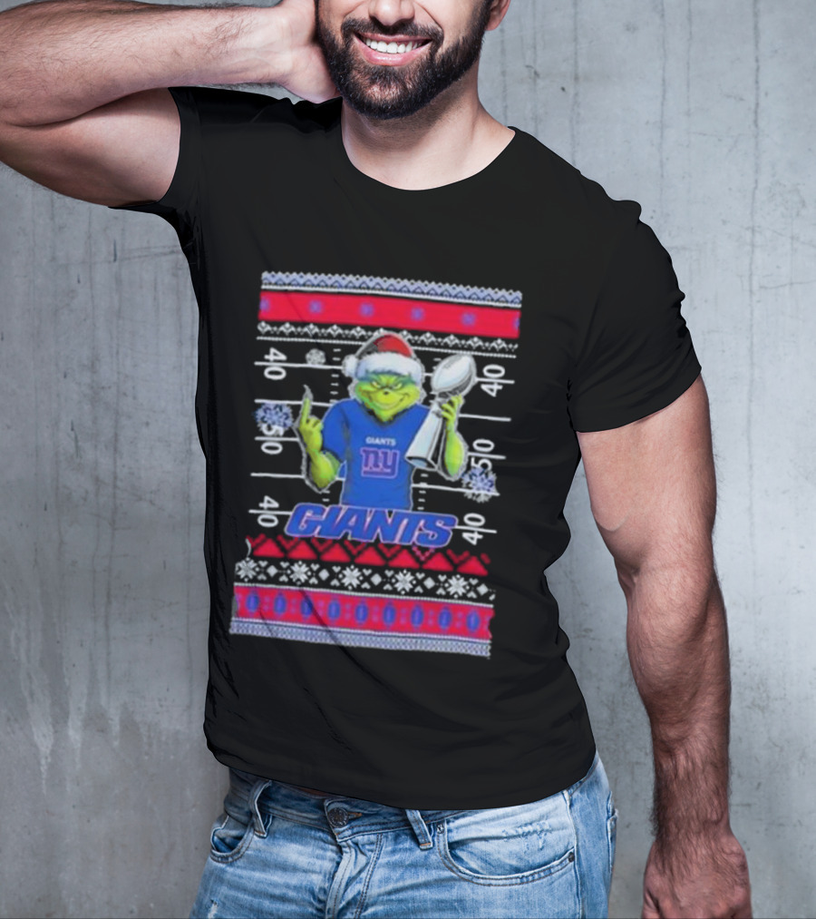New York Giants Grinch Christmas With Lombardi Trophy Ugly Sweater T-Shirt