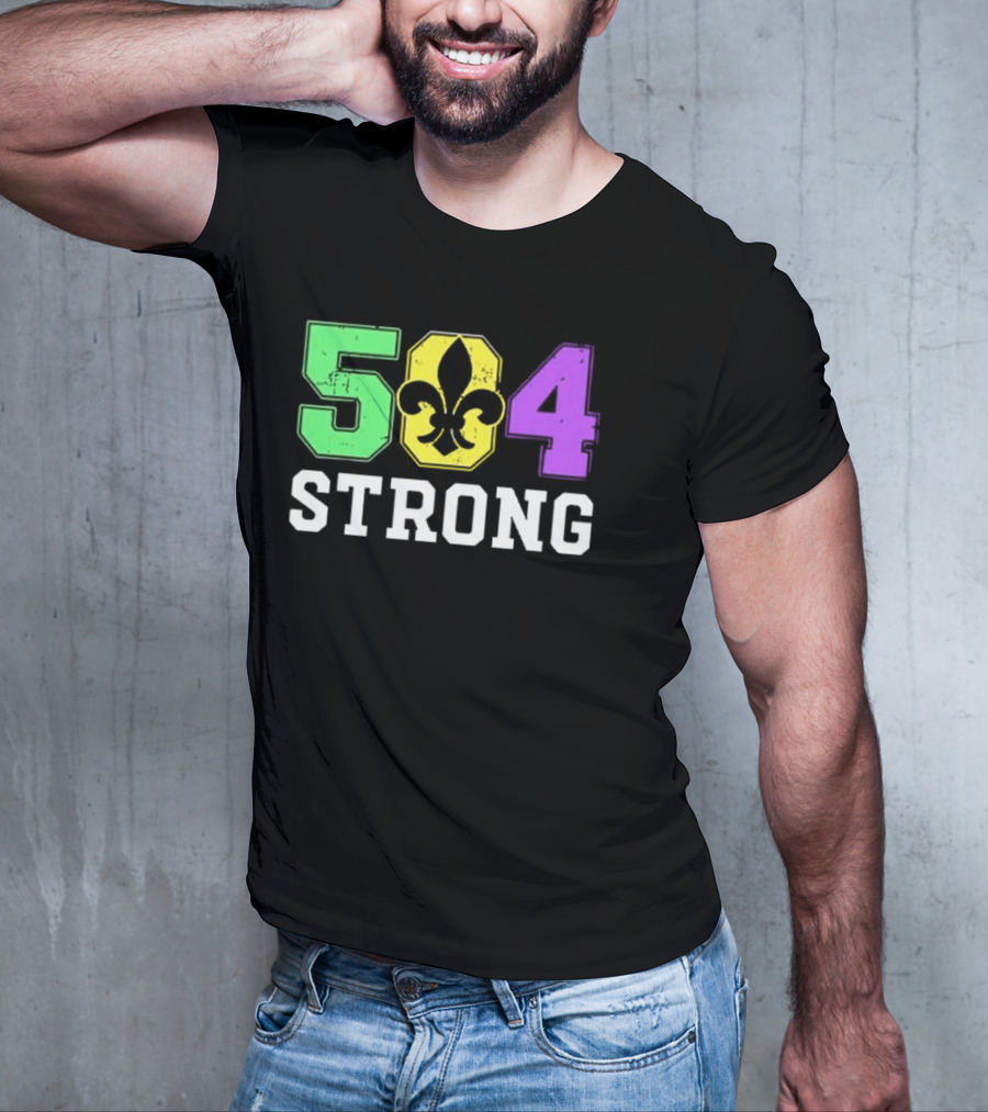 New Orleans 504 Strong Fleur-de-Lis Green Yellow Purple T-Shirt