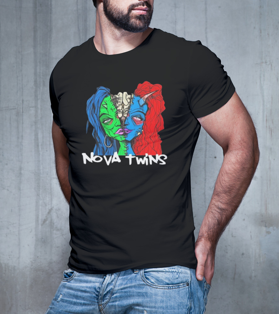 Nova Twins Monster Head Blue Green Red Hair Two-Faced Artwork T-Shirt