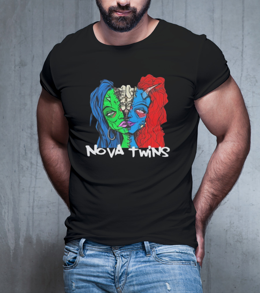 Nova Twins Monster Head Blue Green Red Hair Two-Faced Artwork T-Shirt