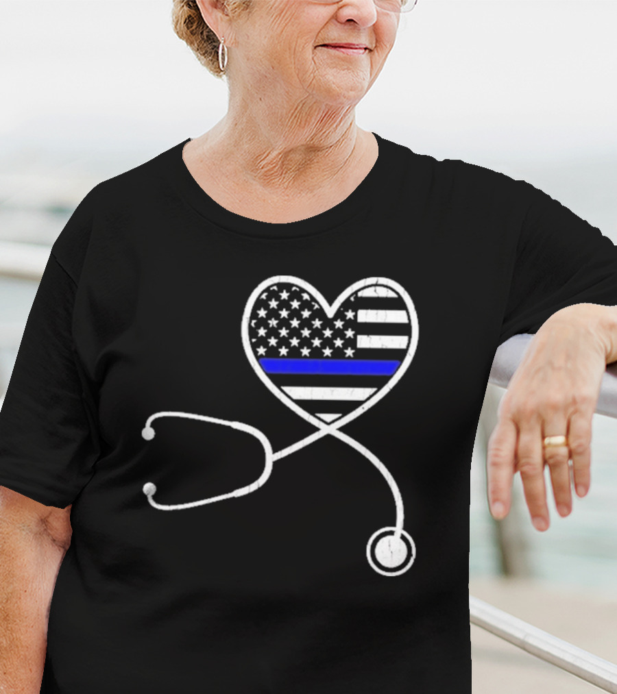 Nurse Life Police Wife American Flag Heart Stethoscope Blue Line T-Shirt