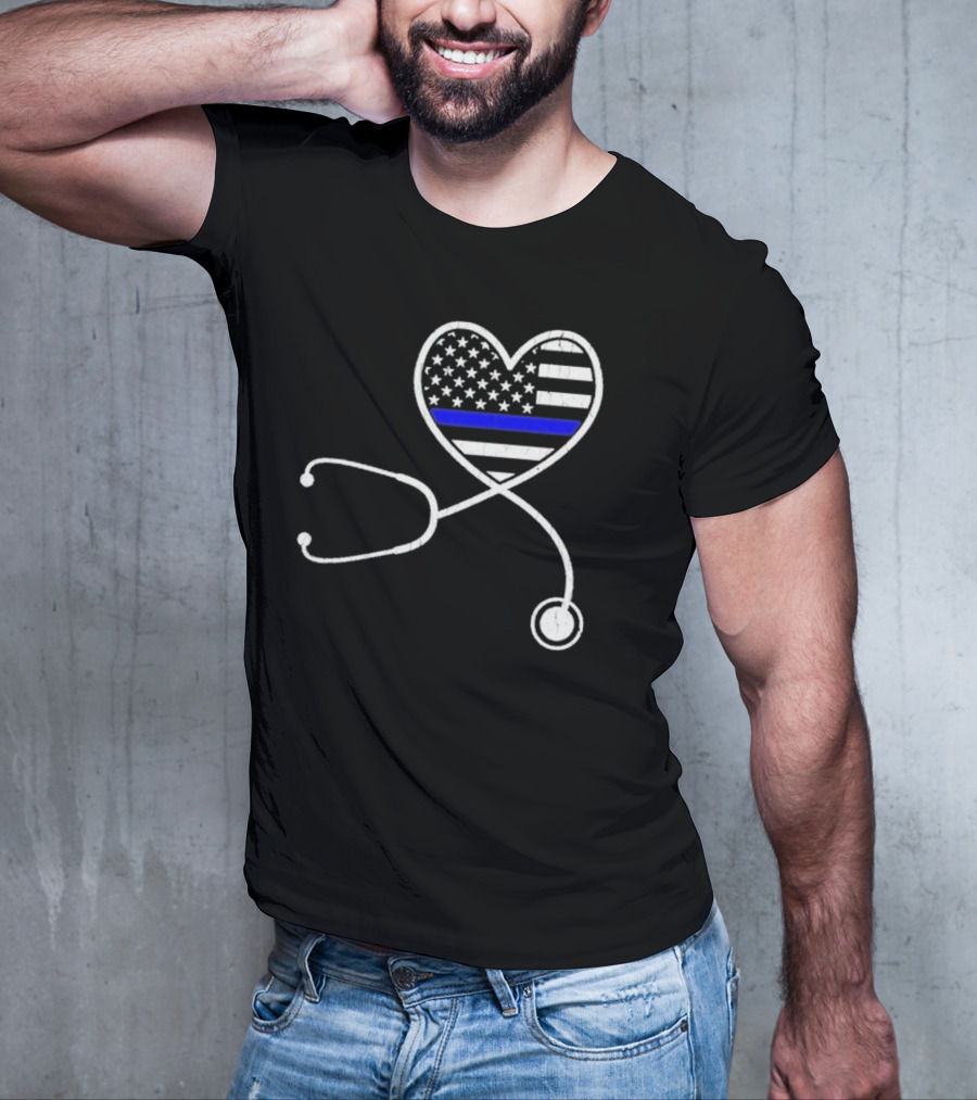 Nurse Life Police Wife American Flag Heart Stethoscope Blue Line T-Shirt