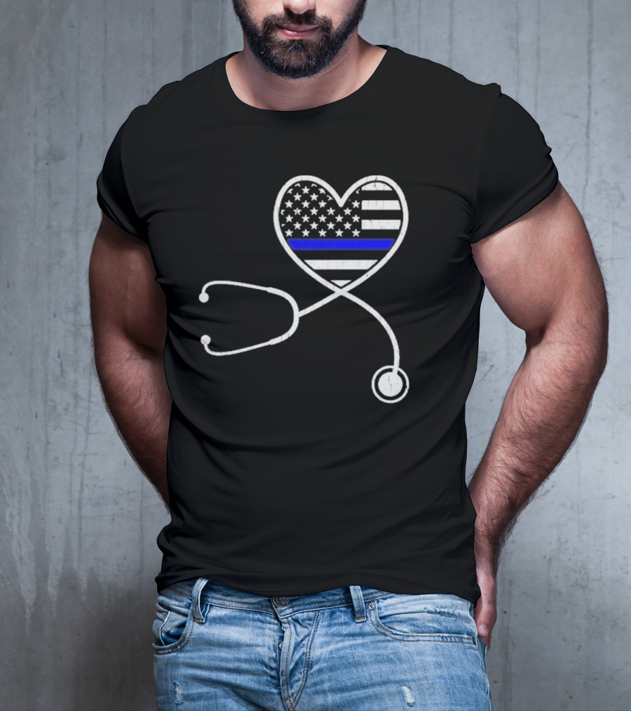 Nurse Life Police Wife American Flag Heart Stethoscope Blue Line T-Shirt